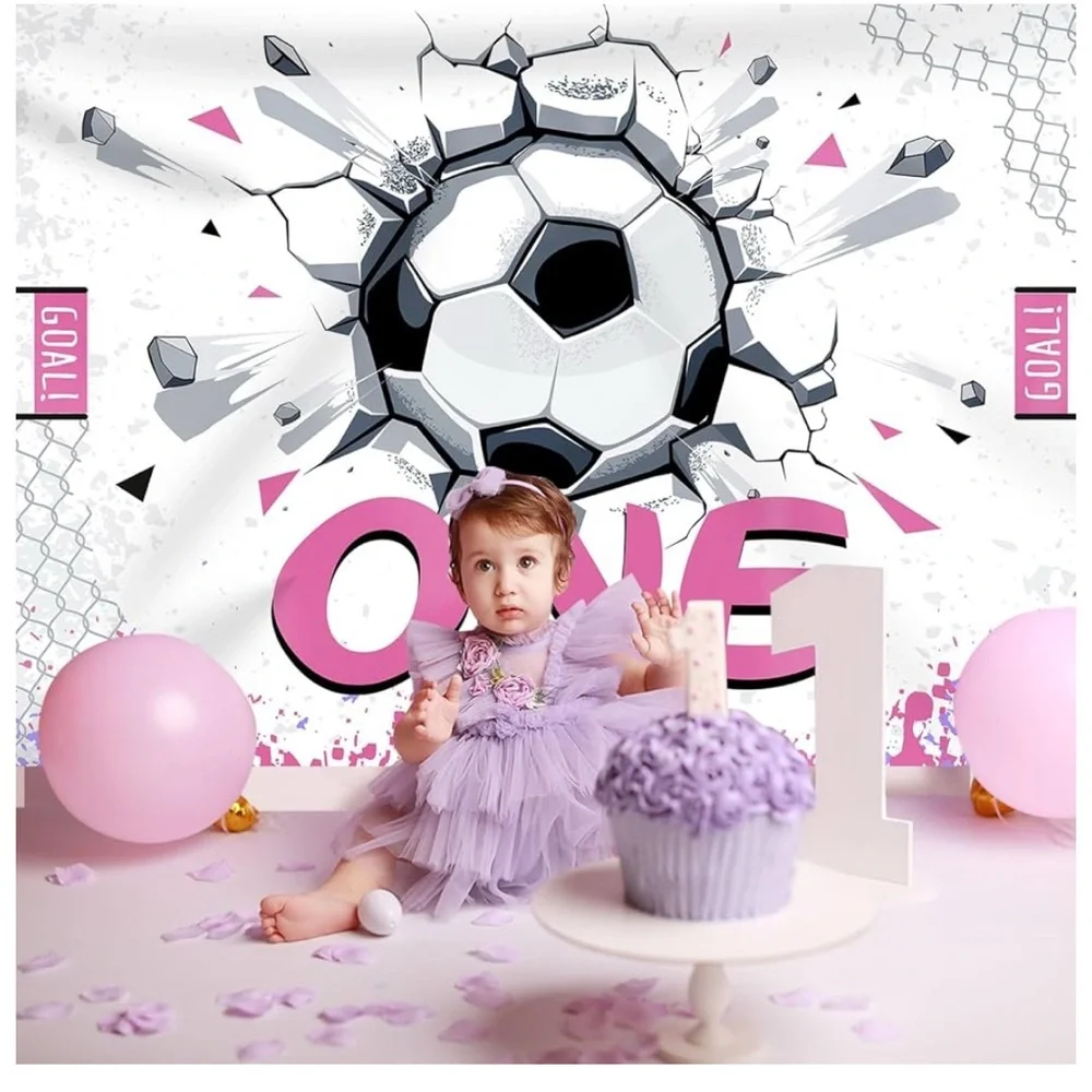 Soccer Themed 1st Birthday Backdrop, 5 x 7, for Girls Sports Game Time Goal
